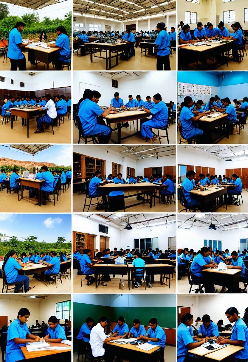 A vibrant collage of technical and vocational education scenes in Maharashtra, featuring students engaged in hands-on learning in modern classrooms, a bustling workshop with machinery, and outdoor training in agriculture. Incorporate elements representative of diverse fields like IT, healthcare, and engineering, along with symbolic icons of growth and opportunity. The background should showcase iconic Maharashtra architecture. super-realistic. vibrant colors. educational theme.