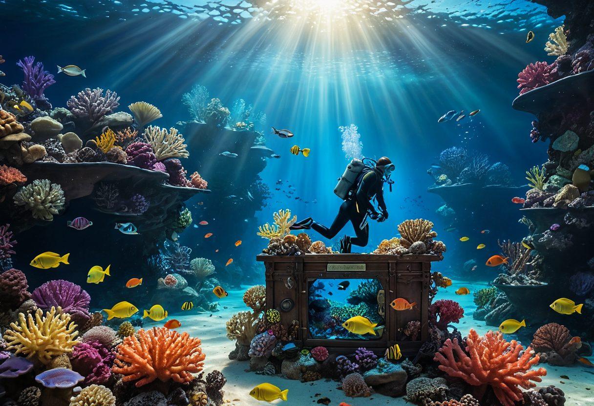 A deep underwater scene with a diver exploring vibrant coral reefs symbolizing growth, surrounded by schools of fish representing opportunities. Above the diver, rays of sunlight break through the water, illuminating a treasure chest labeled 'MSBTE' filled with coins and growth charts. The atmosphere is both serene and adventurous, inviting curiosity and exploration. super-realistic. vibrant colors. blue background.