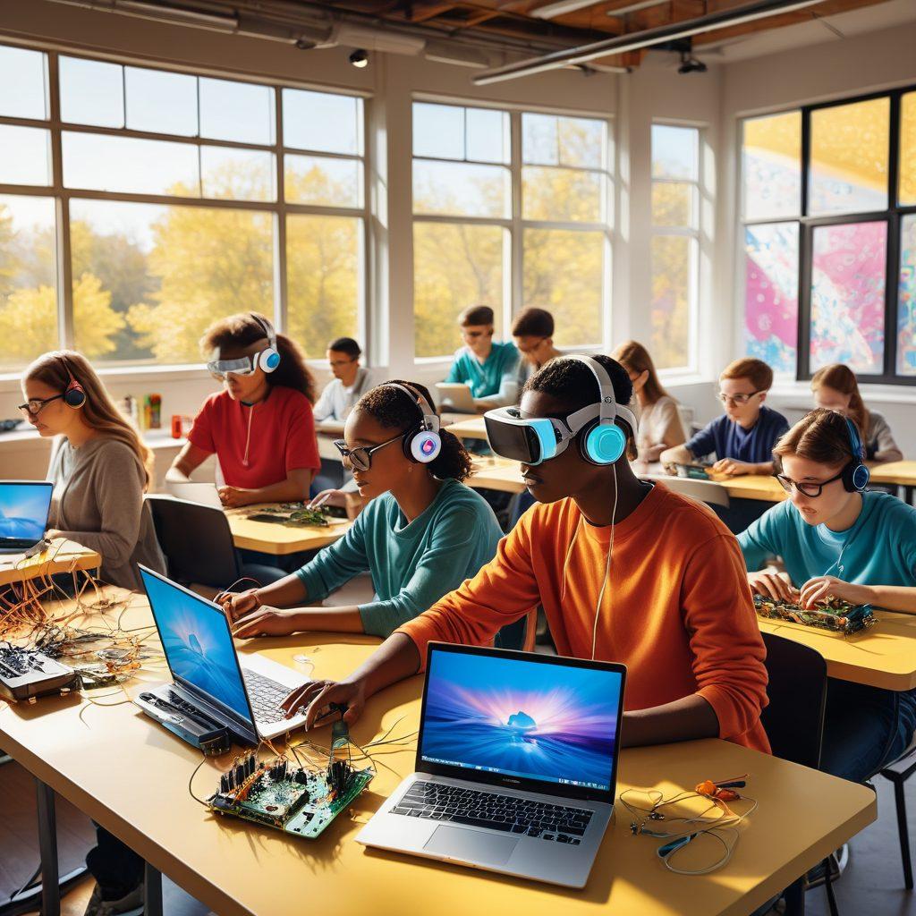 A colorful illustration showcasing a diverse group of students engaged in various technical education activities such as coding, robotics, and 3D modeling. Incorporate tools like laptops, circuit boards, and virtual reality headsets, set in a modern classroom environment. Add elements of inspiration, such as motivational quotes on the walls and a bright future depicted through sunlight coming through the windows. The image should evoke a sense of empowerment and innovation. vibrant colors. vector art.
